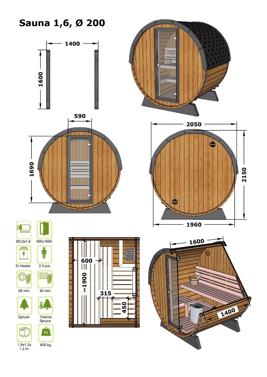 Barrel Sauna LEO Classic | Ø 200 x 160 cm (6'5